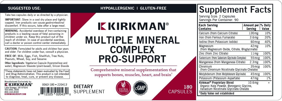 Hypoallergenic Kirkman Multiple Mineral Complex Pro-Support - 180 Vegetarian Capsules with Essential Minerals
