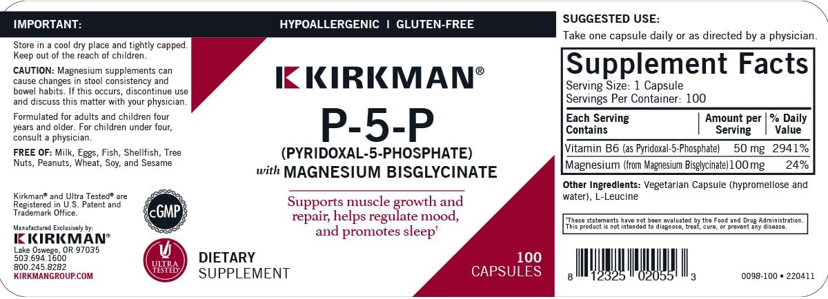 Hypoallergenic Kirkman P-5-P with Magnesium Bisglycinate - Vitamin B-6 Metabolite Supplement