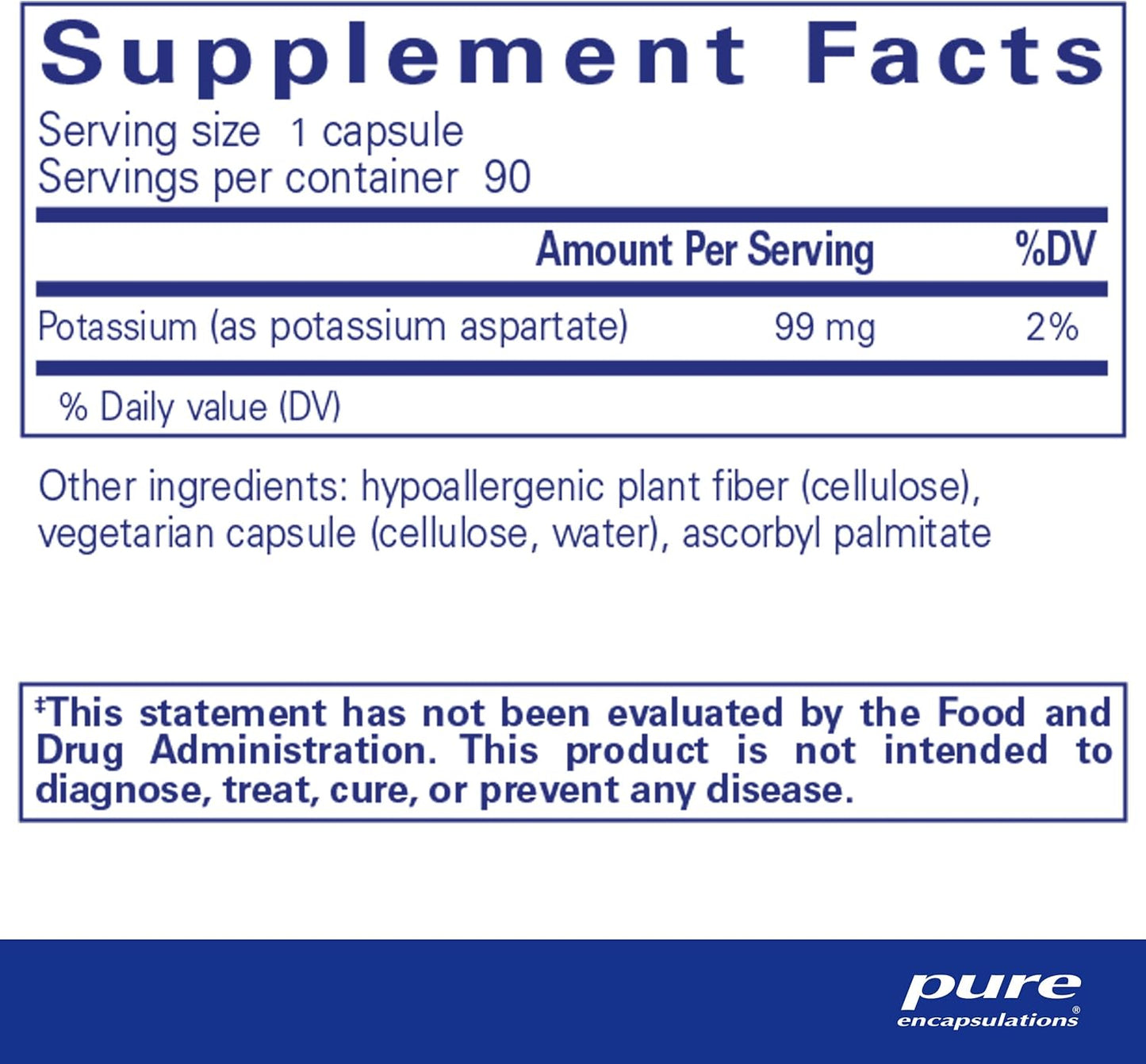 Hypoallergenic Potassium Aspartate Supplement for Nerve, Muscle, Blood Flow, and Heart Health - 90 Capsules