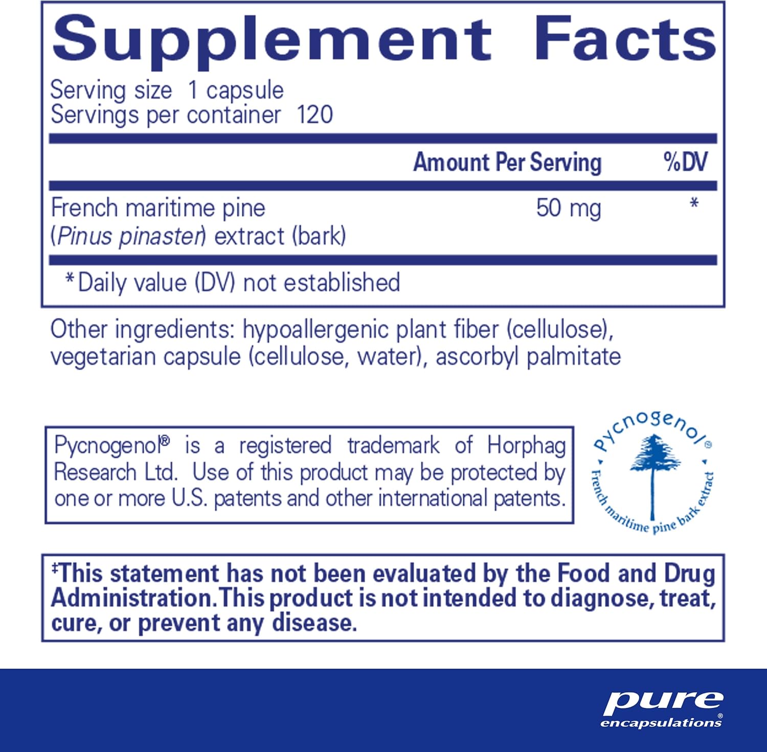 Hypoallergenic Pycnogenol (Pine Bark Extract) 50mg Capsules - Cognitive & Cardiovascular Support - 120ct