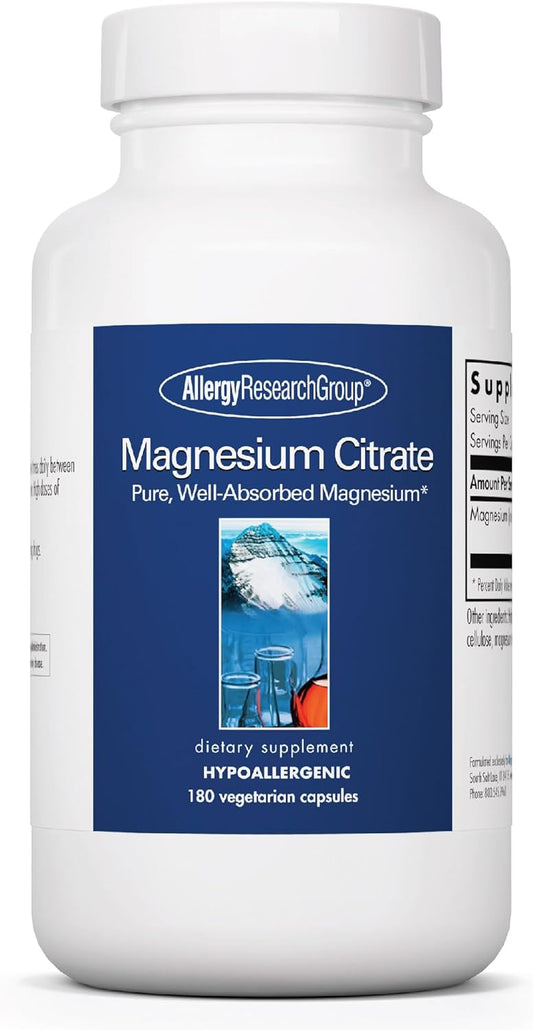 Hypoallergenic Vegetarian Magnesium Citrate Supplement - Bone & Stress Support, Well-Absorbed Capsules, Gluten Free - 180 Count