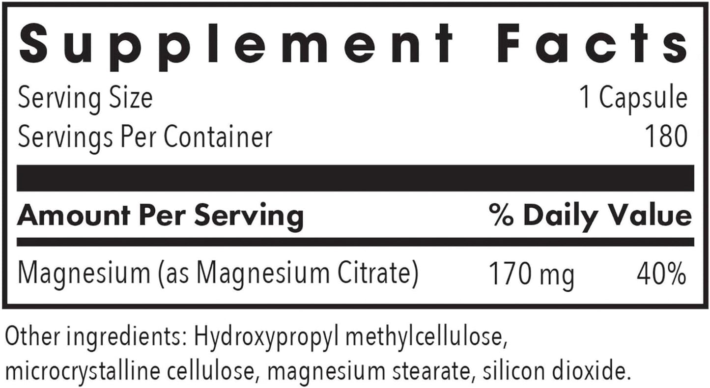 Hypoallergenic Vegetarian Magnesium Citrate Supplement - Bone & Stress Support, Well-Absorbed Capsules, Gluten Free - 180 Count