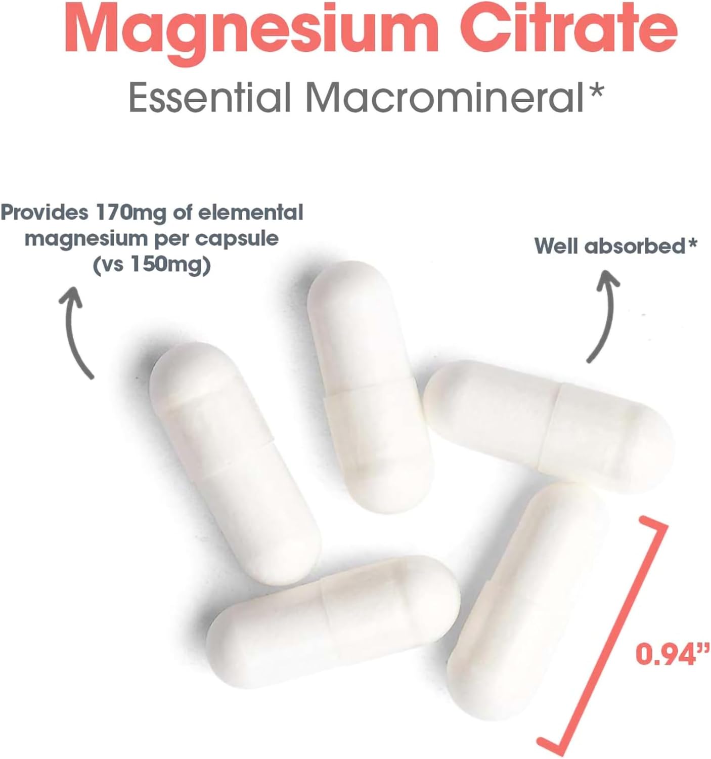 Hypoallergenic Vegetarian Magnesium Citrate Supplement - Bone & Stress Support, Well-Absorbed Capsules, Gluten Free - 180 Count