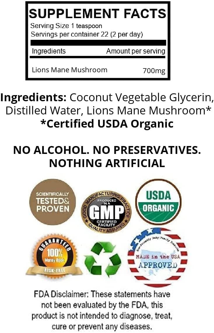I Am Joy: Lions Mane Mushroom Liquid Extract - Pure Organic Tincture (Alcohol Free) - 4oz 100ml - High Concentration Double Extraction