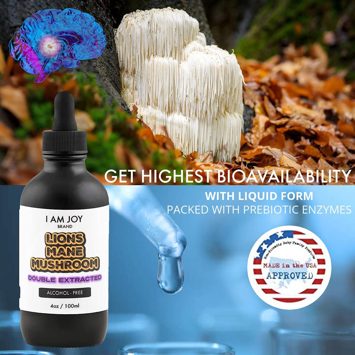 I Am Joy: Lions Mane Mushroom Liquid Extract - Pure Organic Tincture (Alcohol Free) - 4oz 100ml - High Concentration Double Extraction