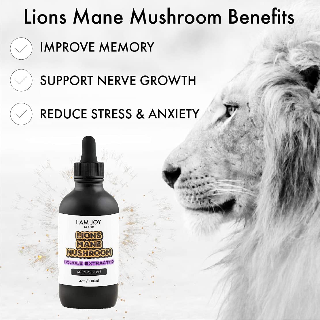 I Am Joy: Lions Mane Mushroom Liquid Extract - Pure Organic Tincture (Alcohol Free) - 4oz 100ml - High Concentration Double Extraction