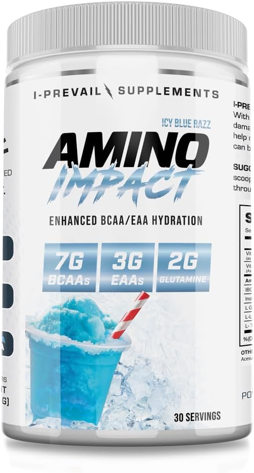 I-Prevail Amino Impact BCAA & EAA Supplement for Hydration, Recovery, and Endurance - Keto Friendly Formula with 7g BCAA's, 3g EAA's, and 2g Glutamine - 30 Servings (ICY Blue Razz)