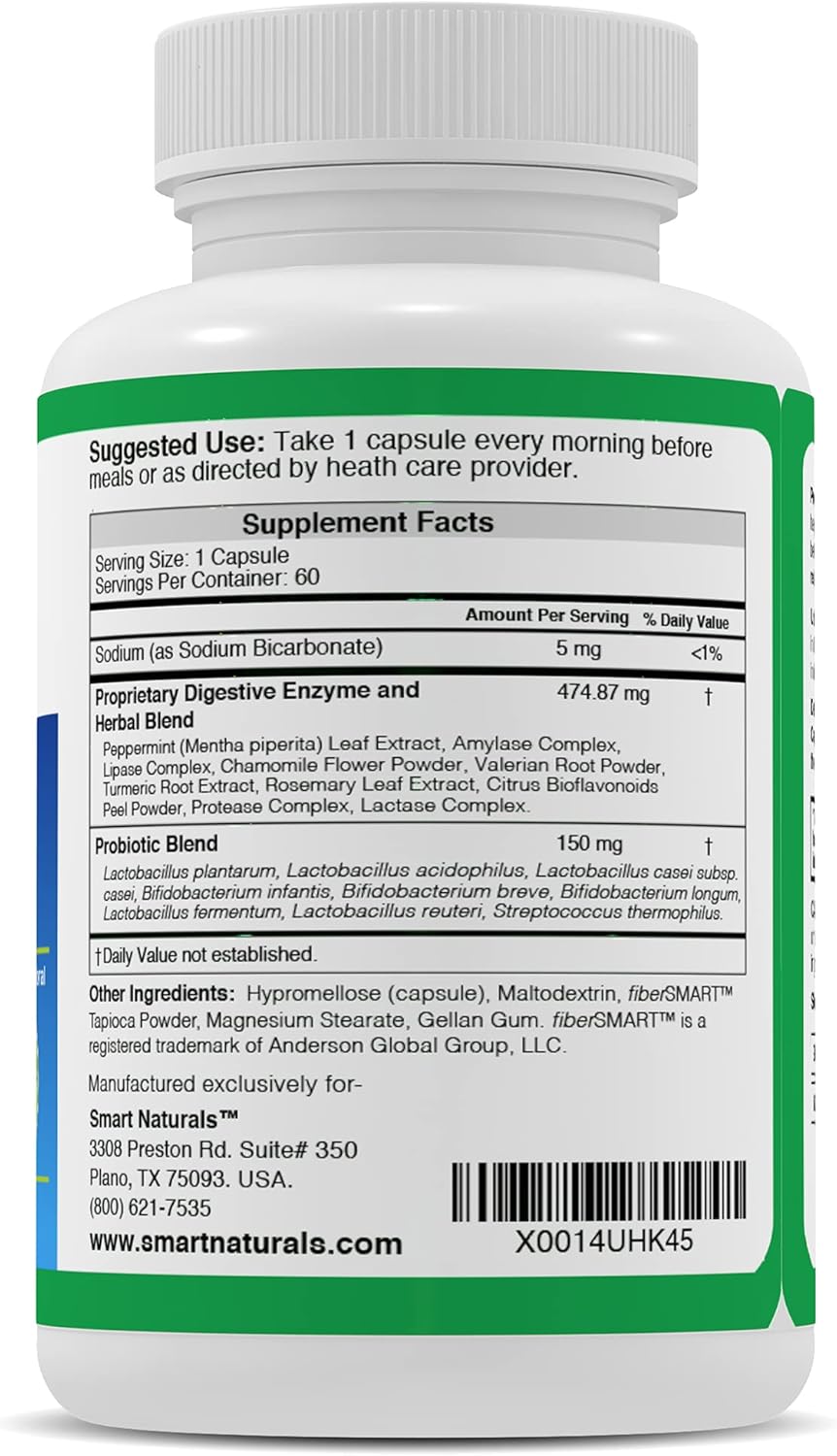 IBplus® Probiotic & Digestive Enzyme Blend - 60 Capsules, Irritable Bowel Relief for Abdominal Pain, Constipation, Diarrhea, Gas/Bloating - Smart Naturals™ Formula