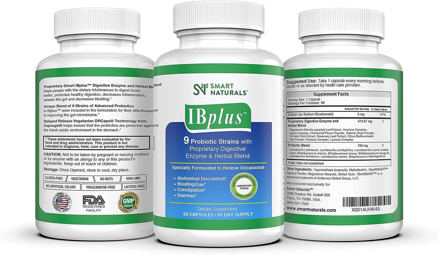 IBplus® Probiotic & Digestive Enzyme Blend - 60 Capsules, Irritable Bowel Relief for Abdominal Pain, Constipation, Diarrhea, Gas/Bloating - Smart Naturals™ Formula