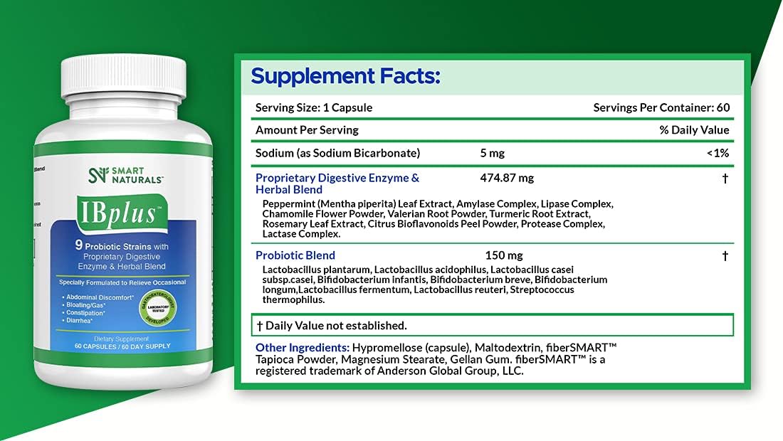 IBplus® Probiotic & Digestive Enzyme Blend - 60 Capsules, Irritable Bowel Relief for Abdominal Pain, Constipation, Diarrhea, Gas/Bloating - Smart Naturals™ Formula