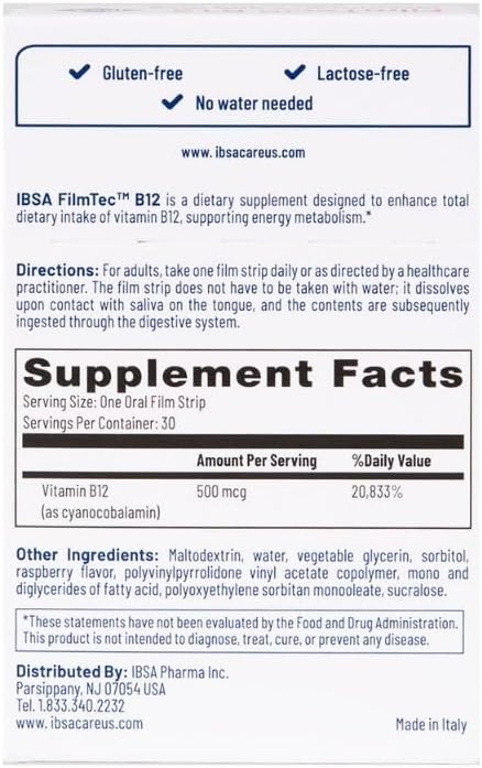 Ibsa FilmTec B12 Oral Dissolving Films - 500 mcg Vitamin B12 Supplement for Immediate Release - Gluten-Free, Lactose-Free, Non-GMO