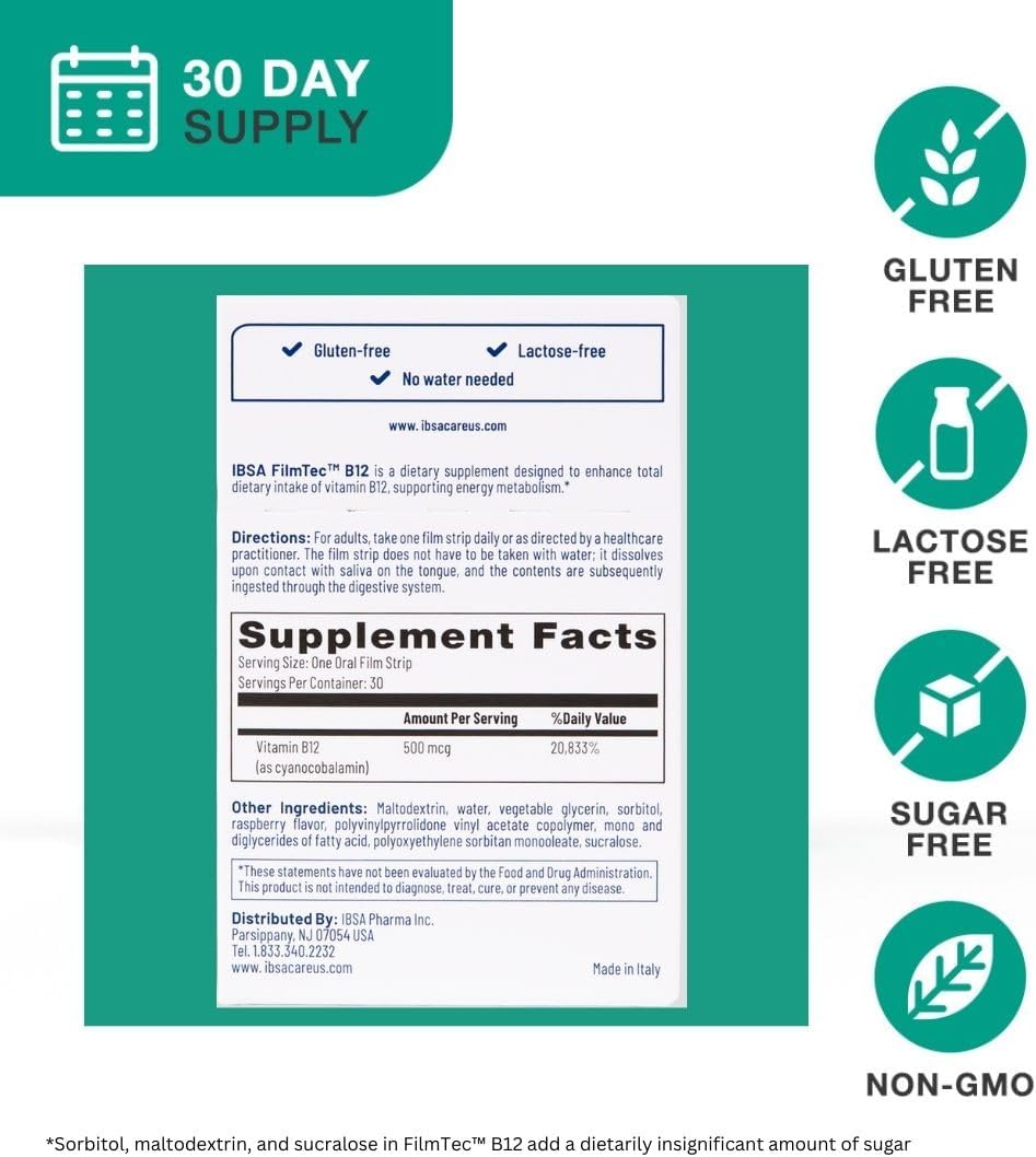 Ibsa FilmTec B12 Oral Dissolving Films - 500 mcg Vitamin B12 Supplement for Immediate Release - Gluten-Free, Lactose-Free, Non-GMO