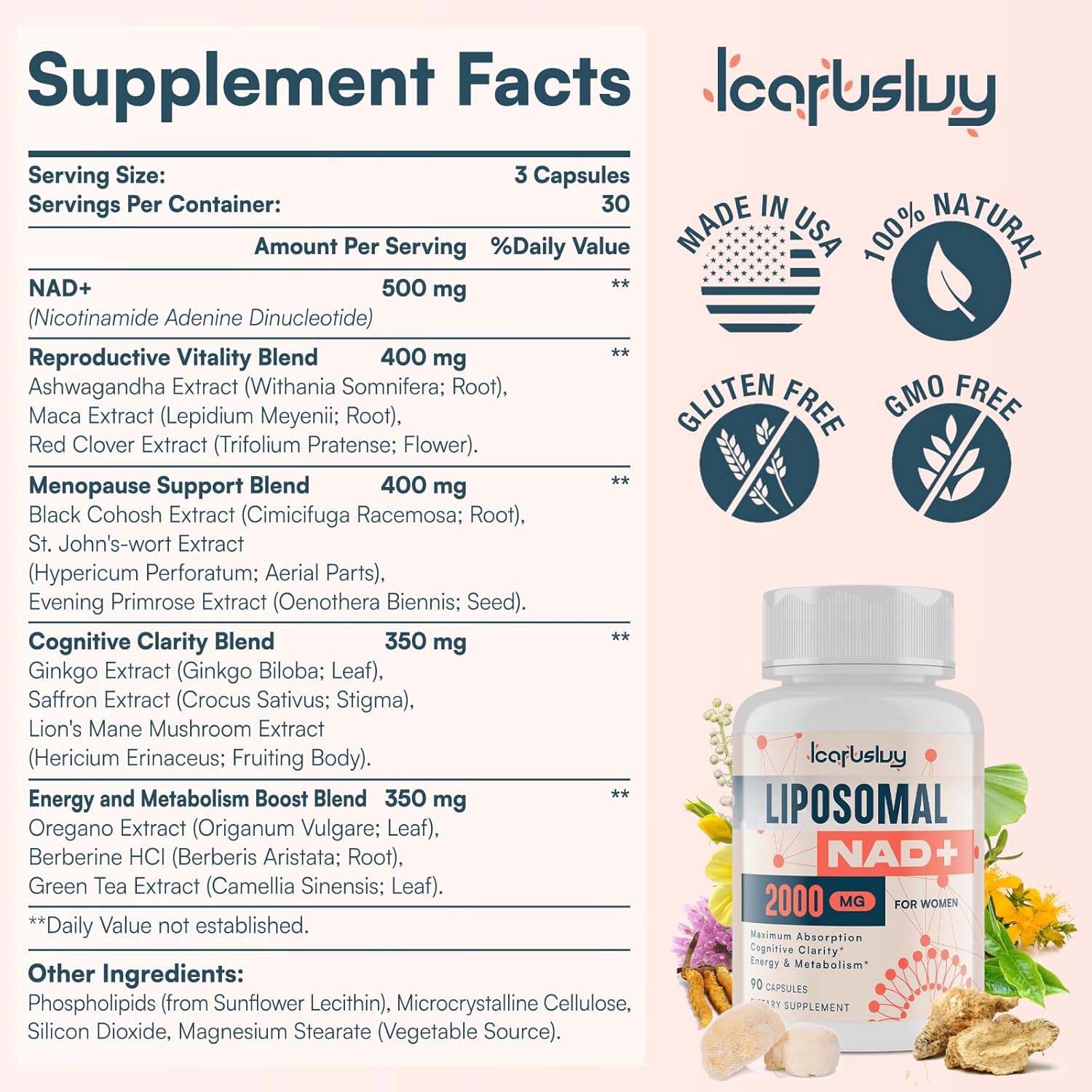 IcarusIvy Liposomal NAD+ Supplement for Women & Menopause Support - 2000MG with Ashwagandha, Maca, Black Cohosh & Ginkgo Biloba - Max Absorption Capsules for Cognitive Clarity, Energy, and Aging Defense