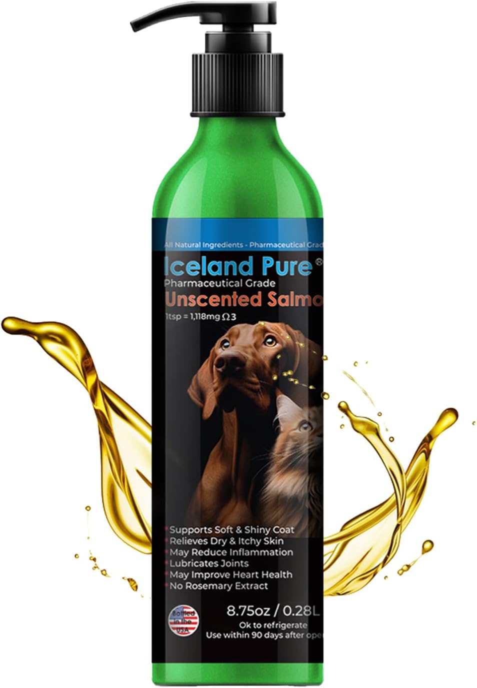 Iceland Pure Salmon Oil for Dogs and Cats | Pharmaceutical Grade Omega-3 Liquid Supplement | Unscented | BPA-Free Pump Bottle | 8.75oz