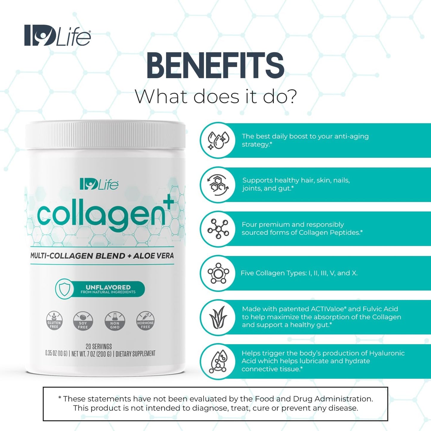 IDLife Collagen+ Powder Drink - Multi-Collagen Blend with Fulvic Acid & Aloe Vera - Supports Healthy Hair, Skin, Nails, Joints & Gut - 20 Servings, 200g