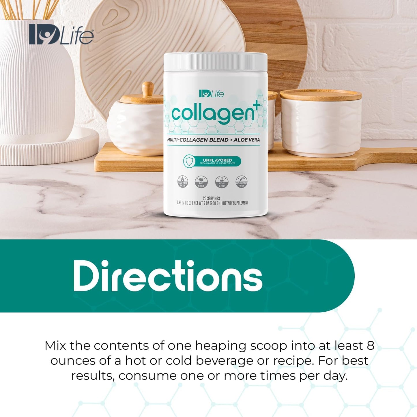 IDLife Collagen+ Powder Drink - Multi-Collagen Blend with Fulvic Acid & Aloe Vera - Supports Healthy Hair, Skin, Nails, Joints & Gut - 20 Servings, 200g