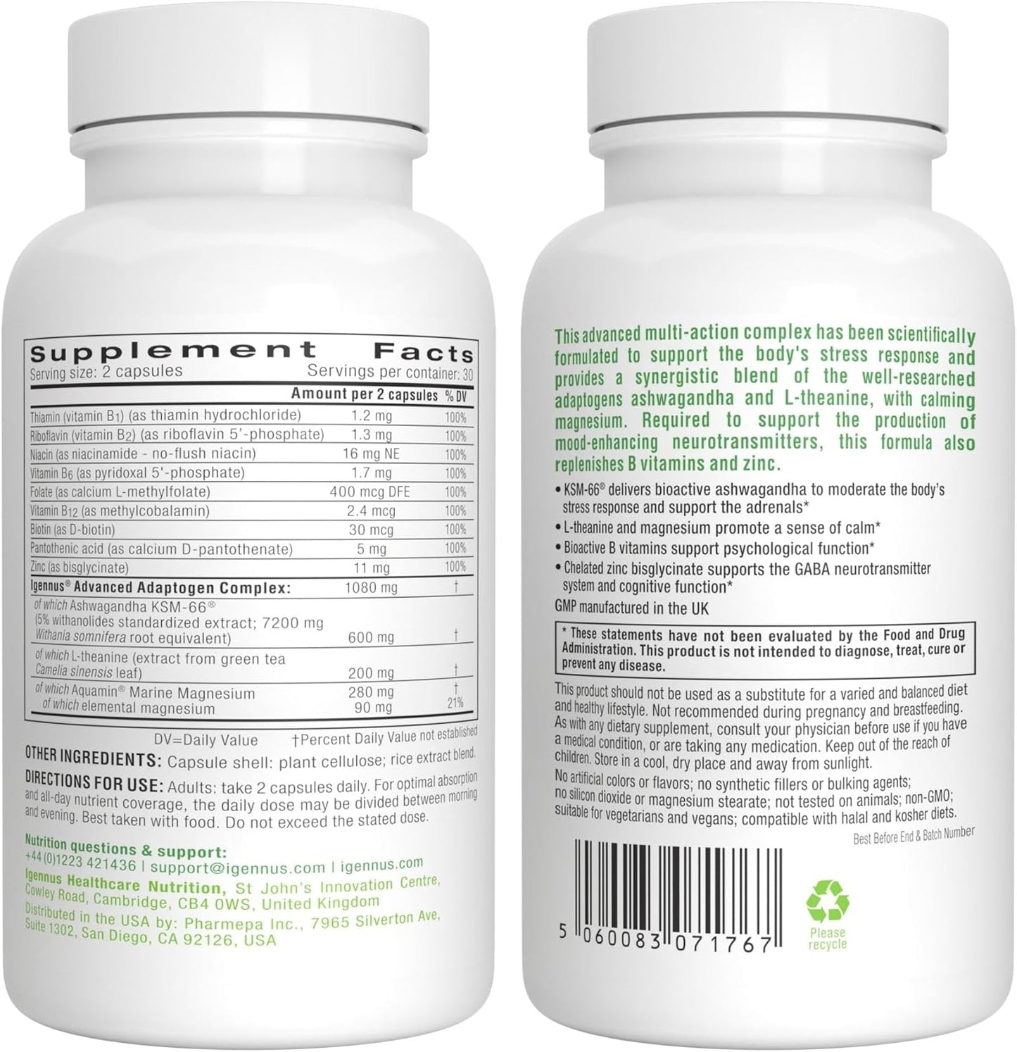 Igennus Advanced Ashwagandha KSM-66, L-Theanine, Magnesium & More for Stress Support - 60 Vegan Capsules