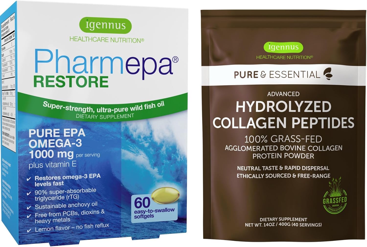 Igennus Healthcare Nutrition Bundle: Pharmepa Restore & Advanced Collagen Peptides - 1000mg EPA Omega-3 Fish Oil & Grass Fed Bovine Collagen Powder