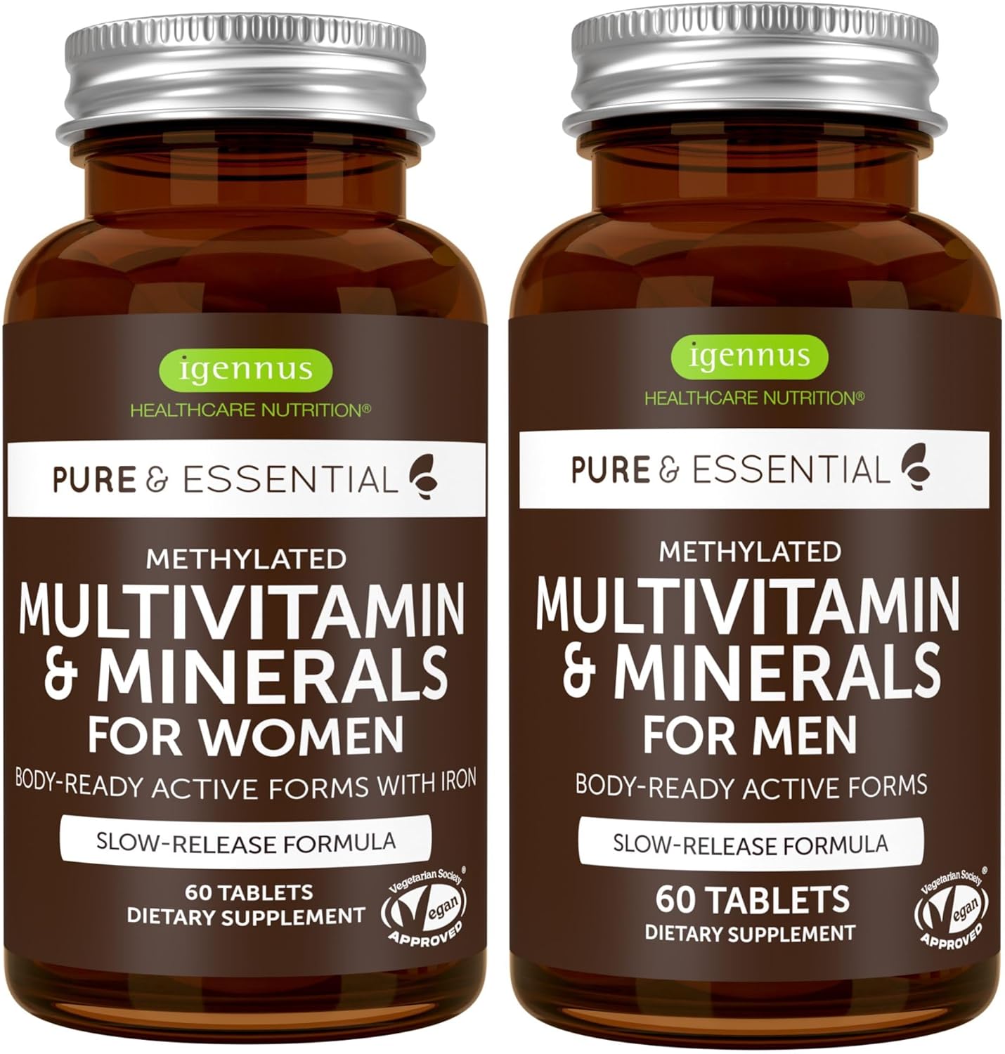 Igennus Healthcare Nutrition Pure & Essential Men & Women’s Multivitamin Bundle, Sustained Release, Active Forms - 60 Tablets