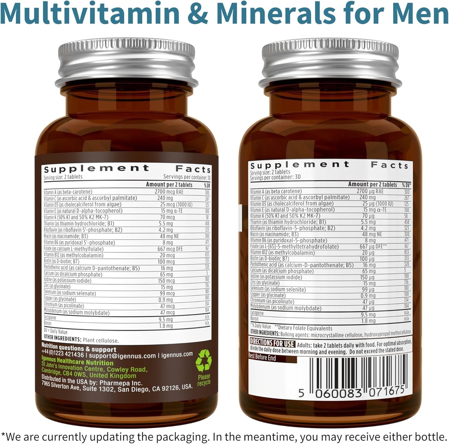 Igennus Healthcare Nutrition Pure & Essential Men & Women’s Multivitamin Bundle, Sustained Release, Active Forms - 60 Tablets