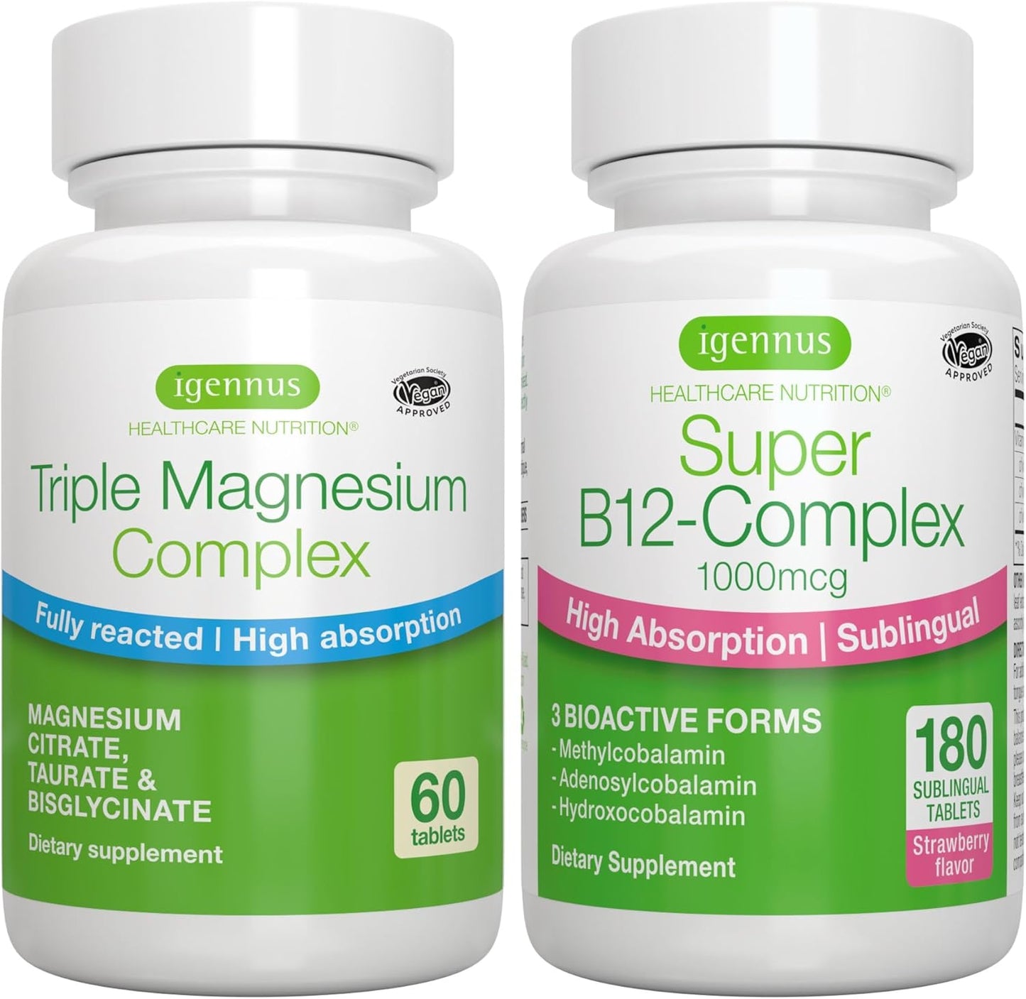 Igennus Healthcare Nutrition Triple Magnesium Complex + Super B12 Energy Bundle - High Absorption Chelated Magnesium & Sublingual B12 - Vegan