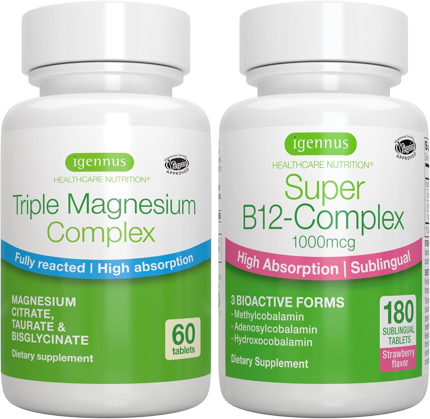 Igennus Healthcare Nutrition Triple Magnesium Complex + Super B12 Energy Bundle - High Absorption Chelated Magnesium & Sublingual B12 - Vegan