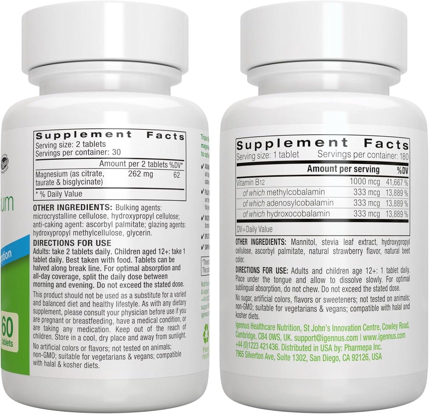 Igennus Healthcare Nutrition Triple Magnesium Complex + Super B12 Energy Bundle - High Absorption Chelated Magnesium & Sublingual B12 - Vegan