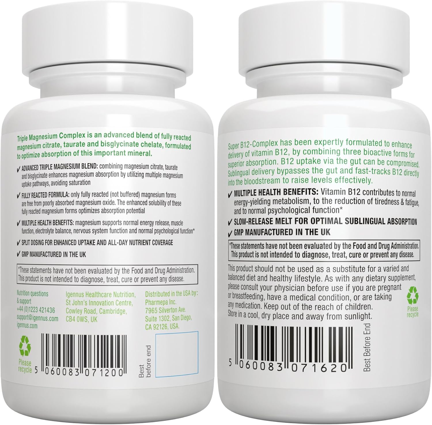 Igennus Healthcare Nutrition Triple Magnesium Complex + Super B12 Energy Bundle - High Absorption Chelated Magnesium & Sublingual B12 - Vegan