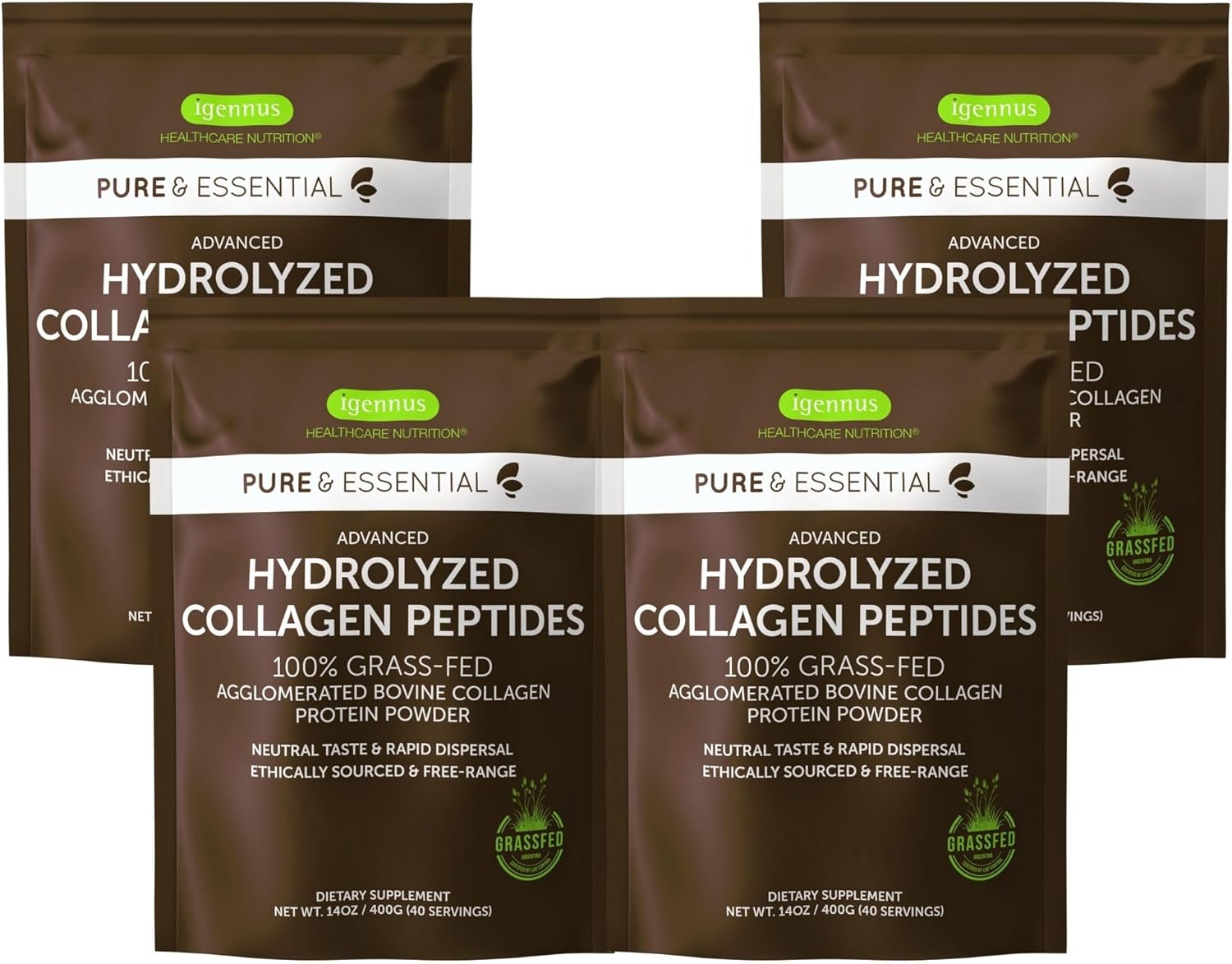 Igennus Hydrolyzed Bovine Collagen Protein Powder - Grass Fed, Types 1, 2 & 3, Non-GMO - 4 x 40 Servings