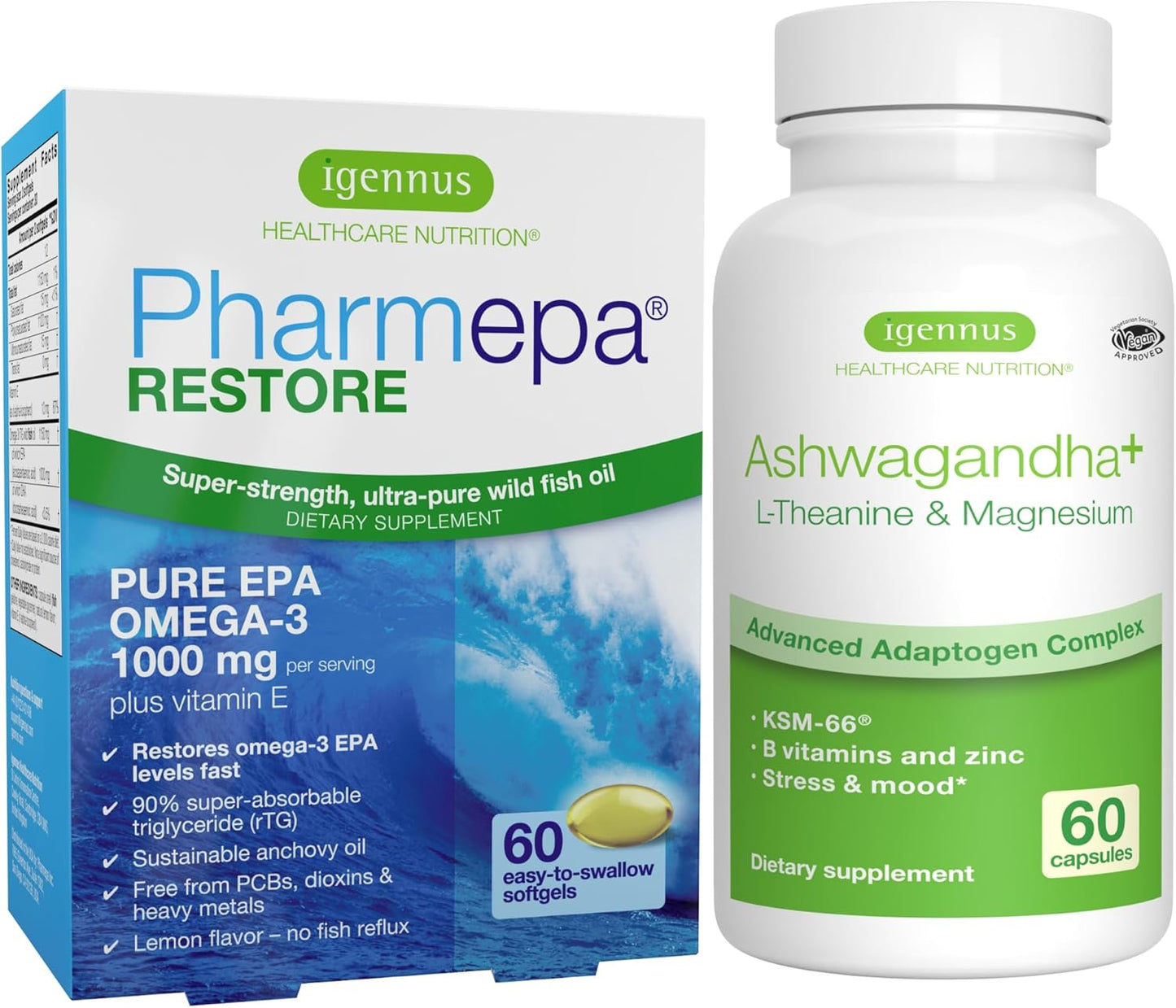 Igennus Pharmepa Restore Bundle with Ashwagandha, L-Theanine, and Magnesium - Pure EPA Omega-3 Fish Oil and KSM-66 Ashwagandha with Zinc & B Vitamins