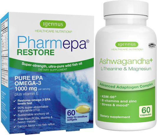 Igennus Pharmepa Restore Bundle with Ashwagandha, L-Theanine, and Magnesium - Pure EPA Omega-3 Fish Oil and KSM-66 Ashwagandha with Zinc & B Vitamins