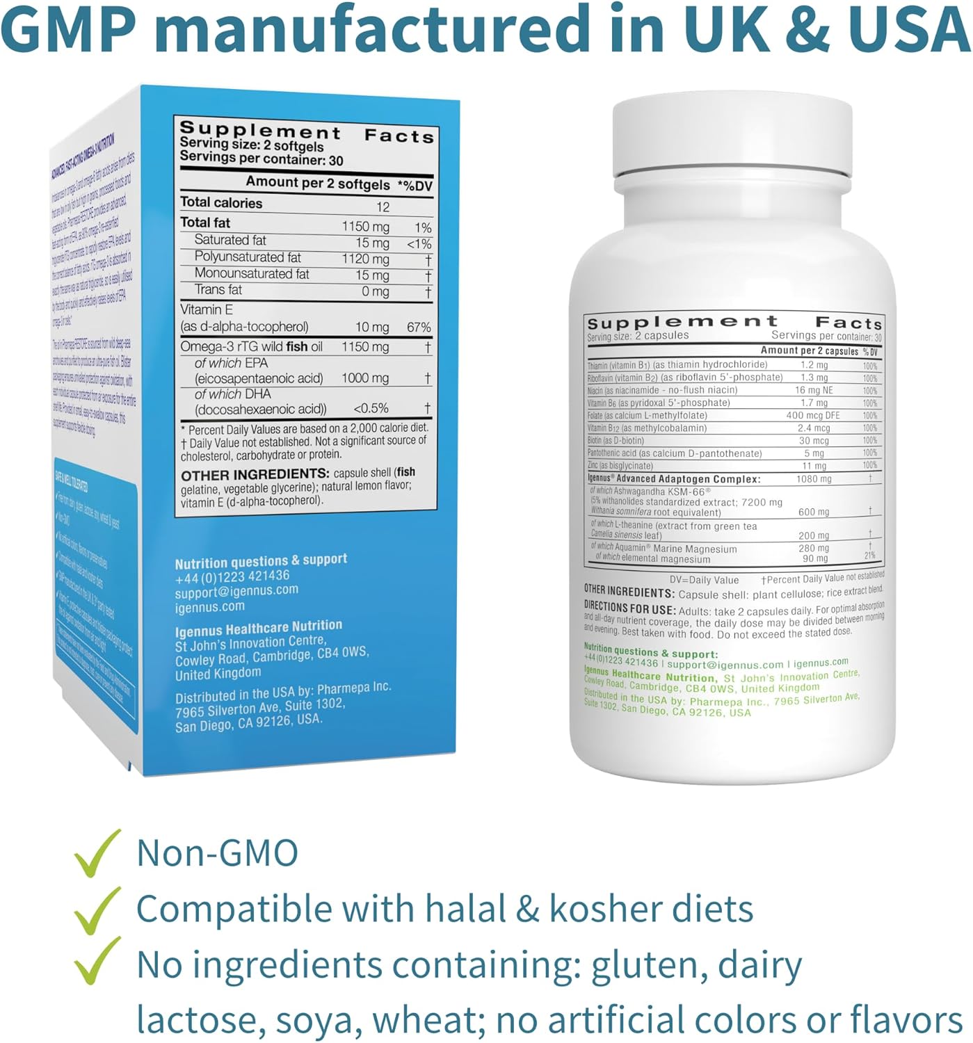 Igennus Pharmepa Restore Bundle with Ashwagandha, L-Theanine, and Magnesium - Pure EPA Omega-3 Fish Oil and KSM-66 Ashwagandha with Zinc & B Vitamins