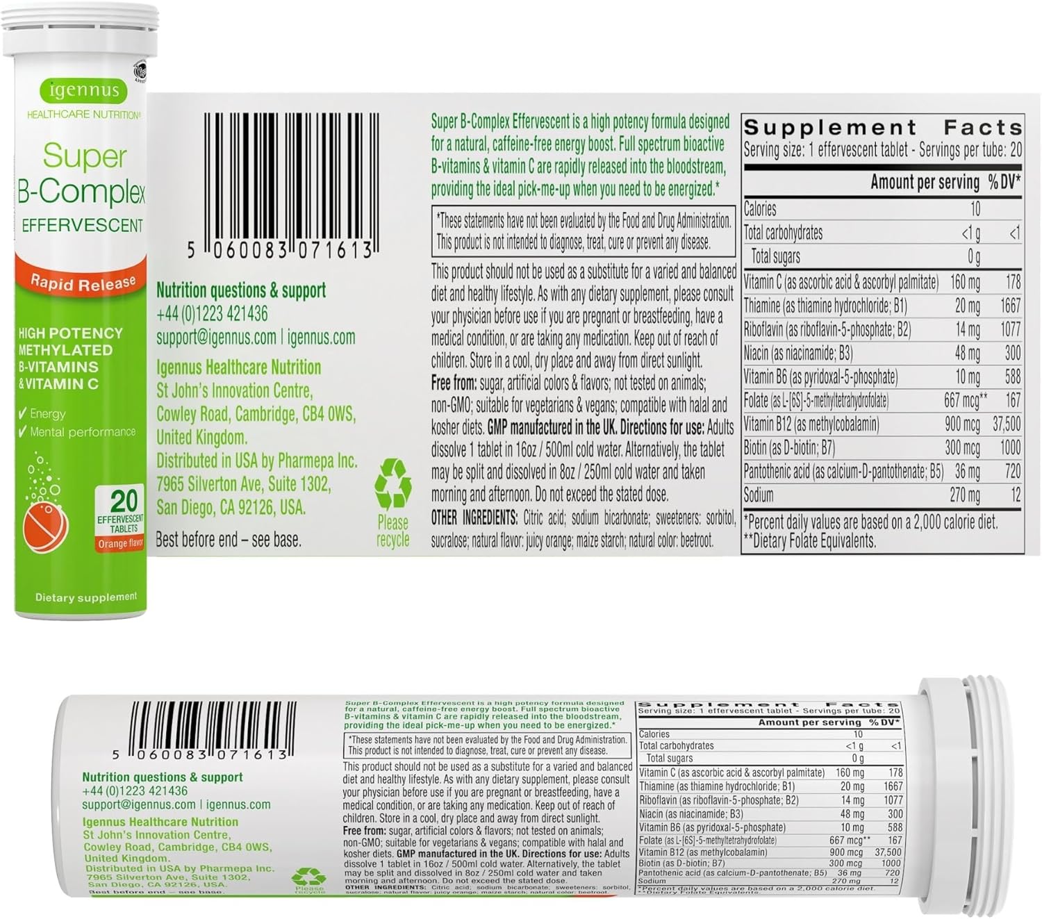 Igennus Super B-Complex Liquid B-Vitamin Effervescent Drink - Methylated Energy Supplement, Orange Flavor, 120 Tablets