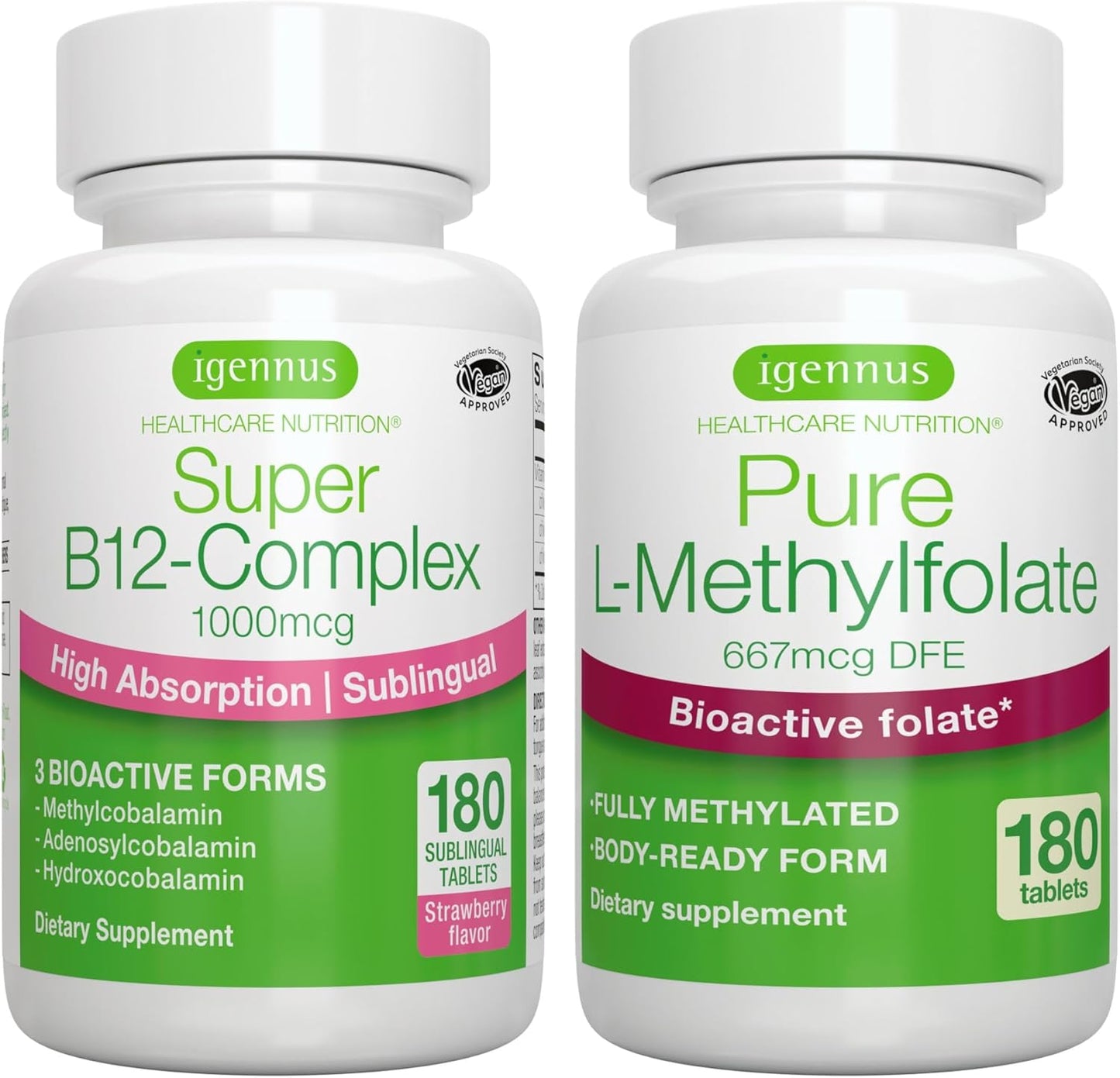Igennus Super B12-Complex 1000mcg + Folate 400mcg Bundle - High Absorption Vegan Sublingual B12 with Methylcobalamin & L-Methylfolate