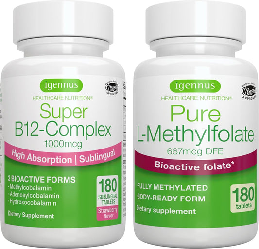 Igennus Super B12-Complex 1000mcg + Folate 400mcg Bundle - High Absorption Vegan Sublingual B12 with Methylcobalamin & L-Methylfolate