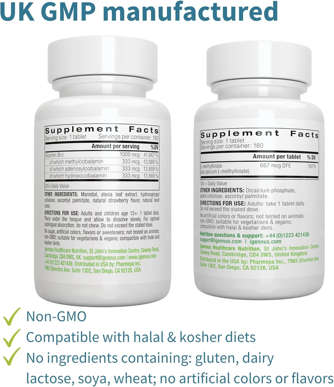Igennus Super B12-Complex 1000mcg + Folate 400mcg Bundle - High Absorption Vegan Sublingual B12 with Methylcobalamin & L-Methylfolate