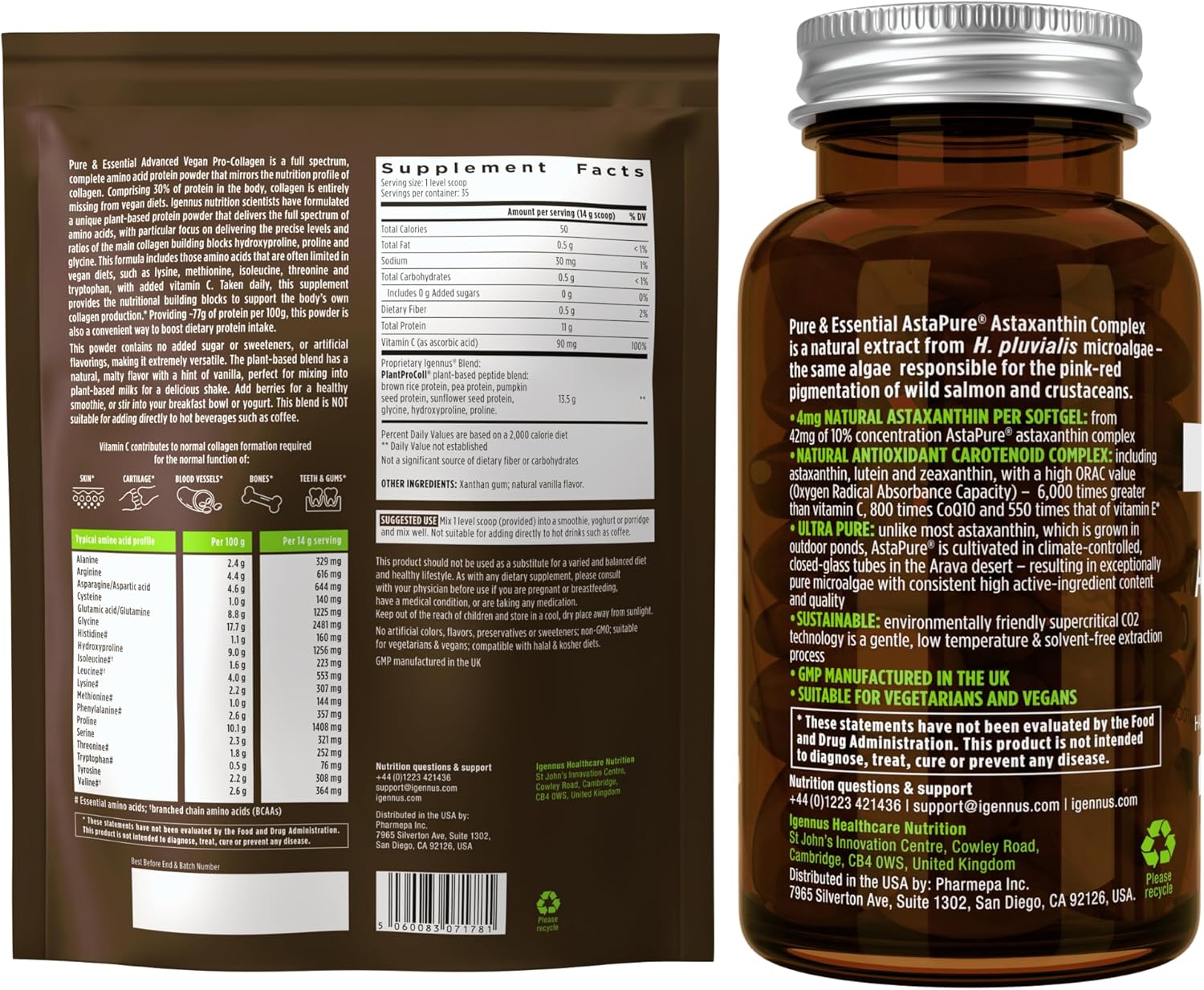 Igennus Vegan Collagen Protein Powder + Astaxanthin Bundle for Hair, Skin & Nails
