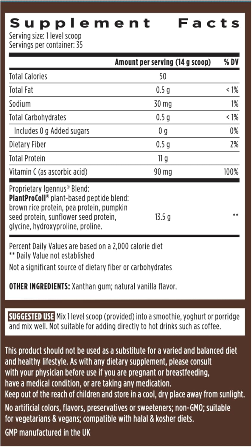 Igennus Vegan Vanilla Collagen Peptide Powder with Vitamin C - Non GMO Plant Based Booster - 140 Servings