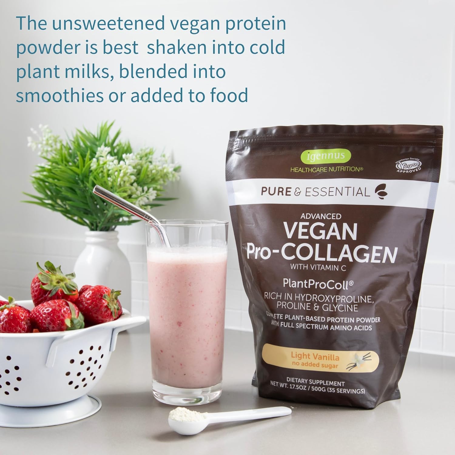Igennus Vegan Vanilla Collagen Peptide Powder with Vitamin C - Non GMO Plant Based Booster - 140 Servings