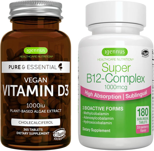 Igennus Vegan Vitamin D3 + B12 Bundle: 365 Tablets of 1000iu D3 + High Absorption Sublingual B12