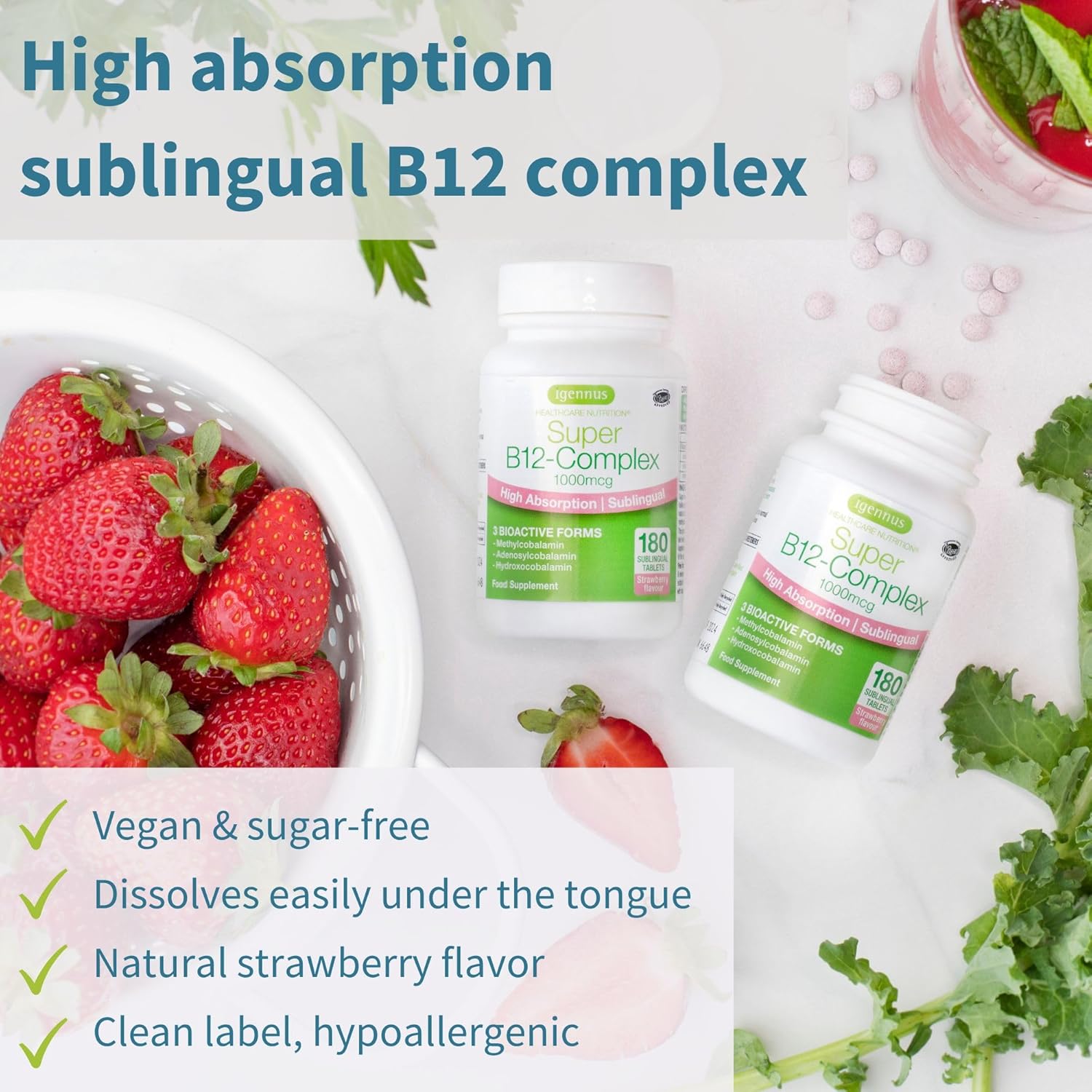 Igennus Vegan Vitamin D3 + B12 Bundle: 365 Tablets of 1000iu D3 + High Absorption Sublingual B12