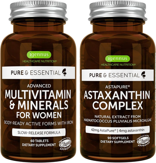 Igennus Women's Multivitamin Bundle with Astaxanthin Complex - Vegan, Sustained Release Formula with Iron and Natural Astaxanthin