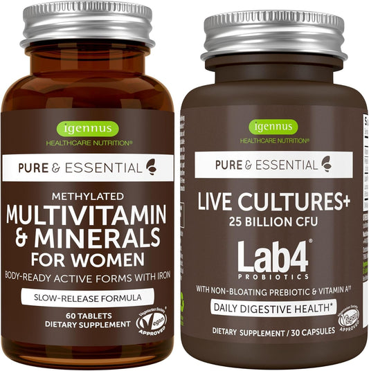Igennus Women's Multivitamin Bundle with Iron, Probiotics, and Live Cultures - Vegan Friendly