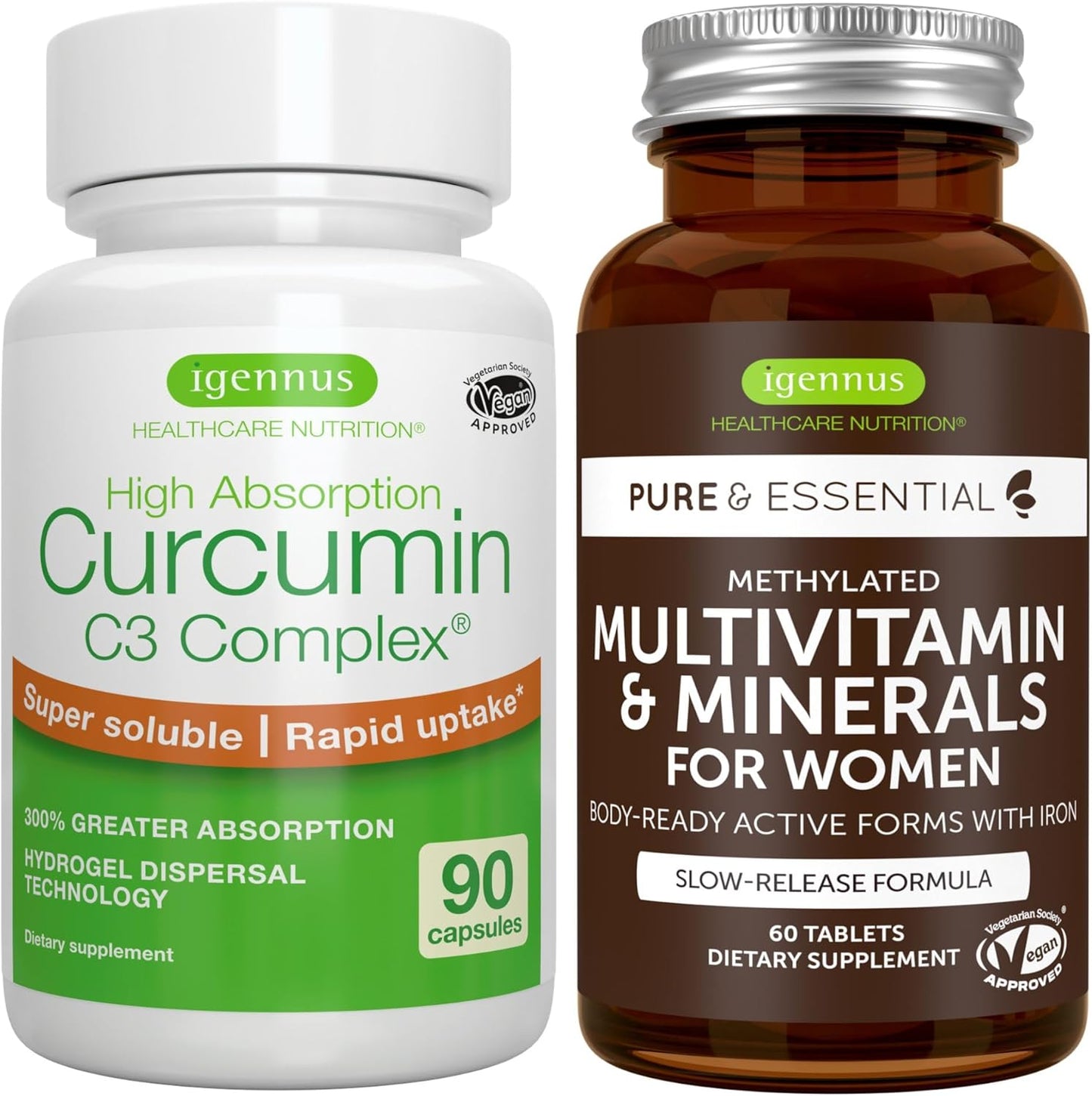 Igennus Women's Multivitamin & Minerals + Curcumin C3 Complex Bundle - Vegan, Sustained Release, Advanced Formula with High Absorption