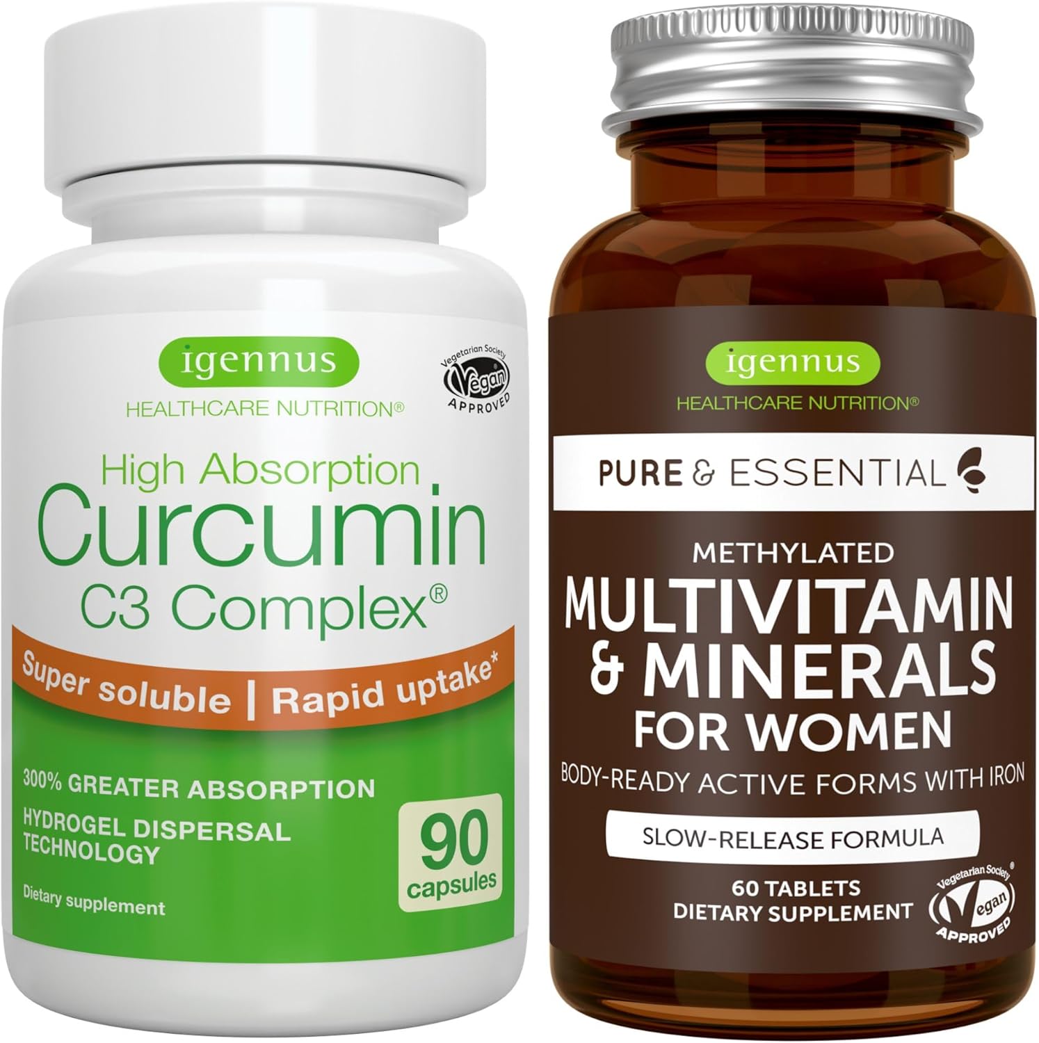 Igennus Women's Multivitamin & Minerals + Curcumin C3 Complex Bundle - Vegan, Sustained Release, Advanced Formula with High Absorption