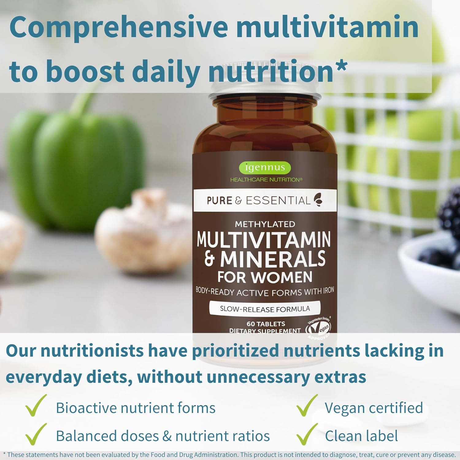 Igennus Women's Multivitamin with Methylated Folate for MTHFR, Iron, Non-GMO, Halal - 60 Vegan Tablets