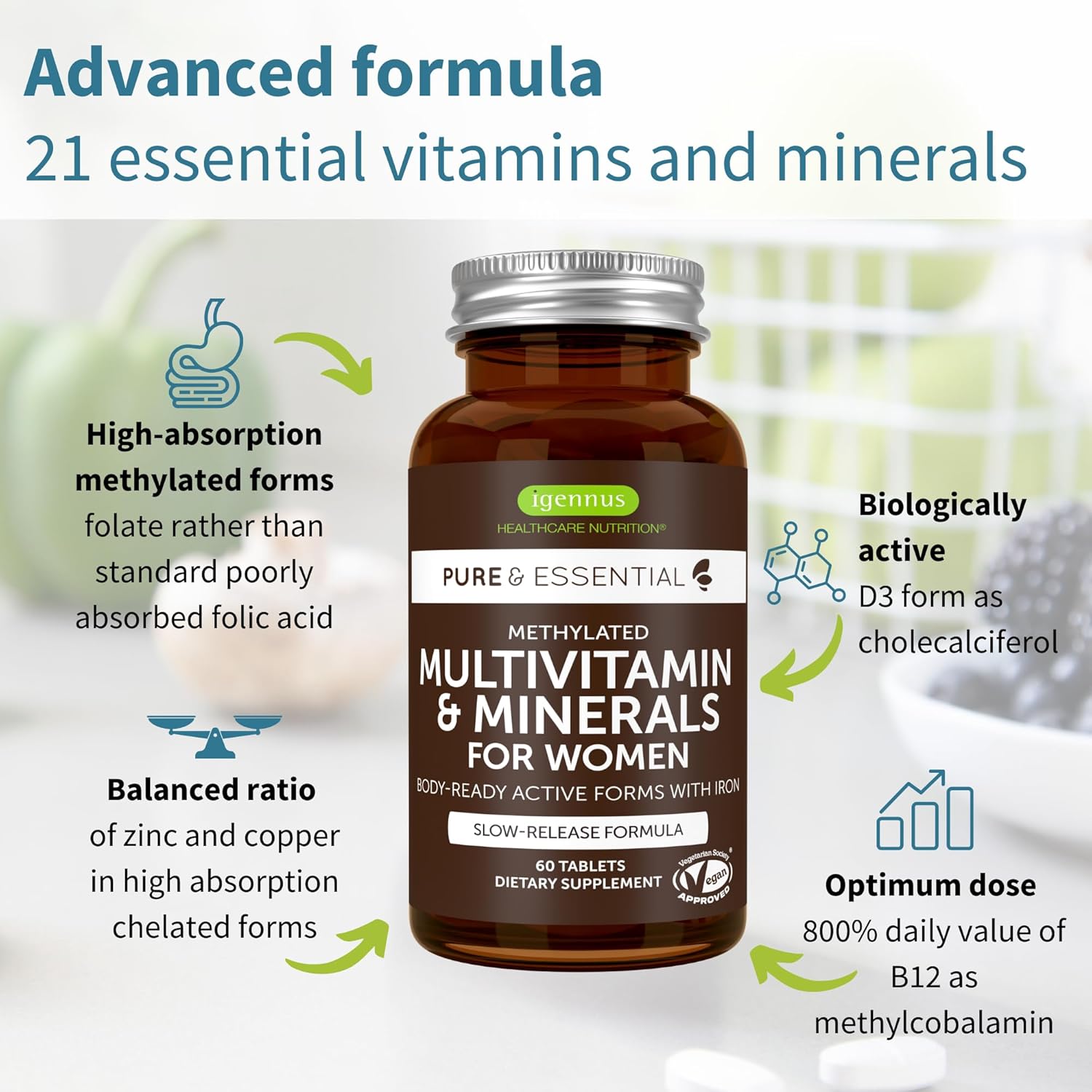 Igennus Women's Multivitamin with Methylated Folate for MTHFR, Iron, Non-GMO, Halal - 60 Vegan Tablets