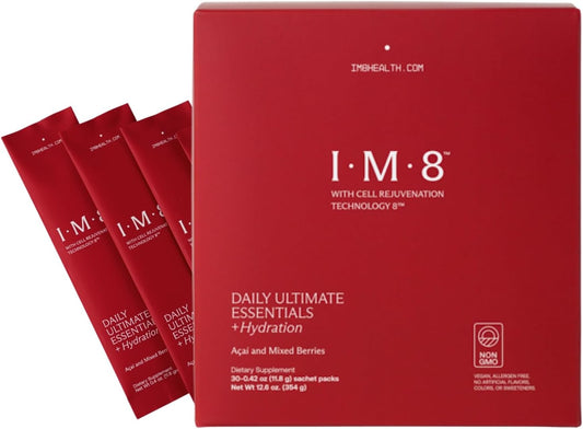 IM8 Daily Ultimate Essentials All-in-One Multivitamin Supplement with 92 Nutrient Rich Ingredients including CoQ10, Probiotics, Vitamins, and Greens - Gluten Free, Vegan, Acai Mixed Berry Flavor - 30 Servings in Travel Packs