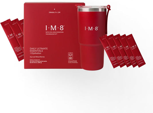 IM8 Daily Ultimate Essentials Multivitamin Supplement with 92 Nutrient-Rich Ingredients, CoQ10, Probiotics, Vitamins, Greens, Acai Mixed Berry Flavor - 30 Servings with Travel Packs and Tumbler