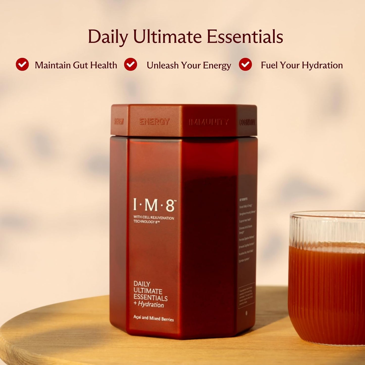 IM8 Daily Ultimate Essentials Multivitamin Supplement with 92 Nutrient-Rich Ingredients, CoQ10, Probiotics, Vitamins, Greens, Acai Mixed Berry Flavor - 30 Servings with Travel Packs and Tumbler